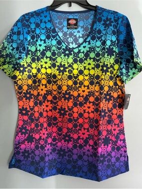 Dickies Women’s V-Neck Rainbow Peace Floral Scrub Top - Multicolor medium NEW